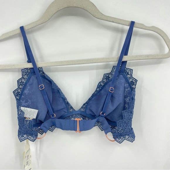 Aerie Floral Lace Triangle Bralette Periwinkle Blue Gold Side Ring Size S - Picture 5 of 7